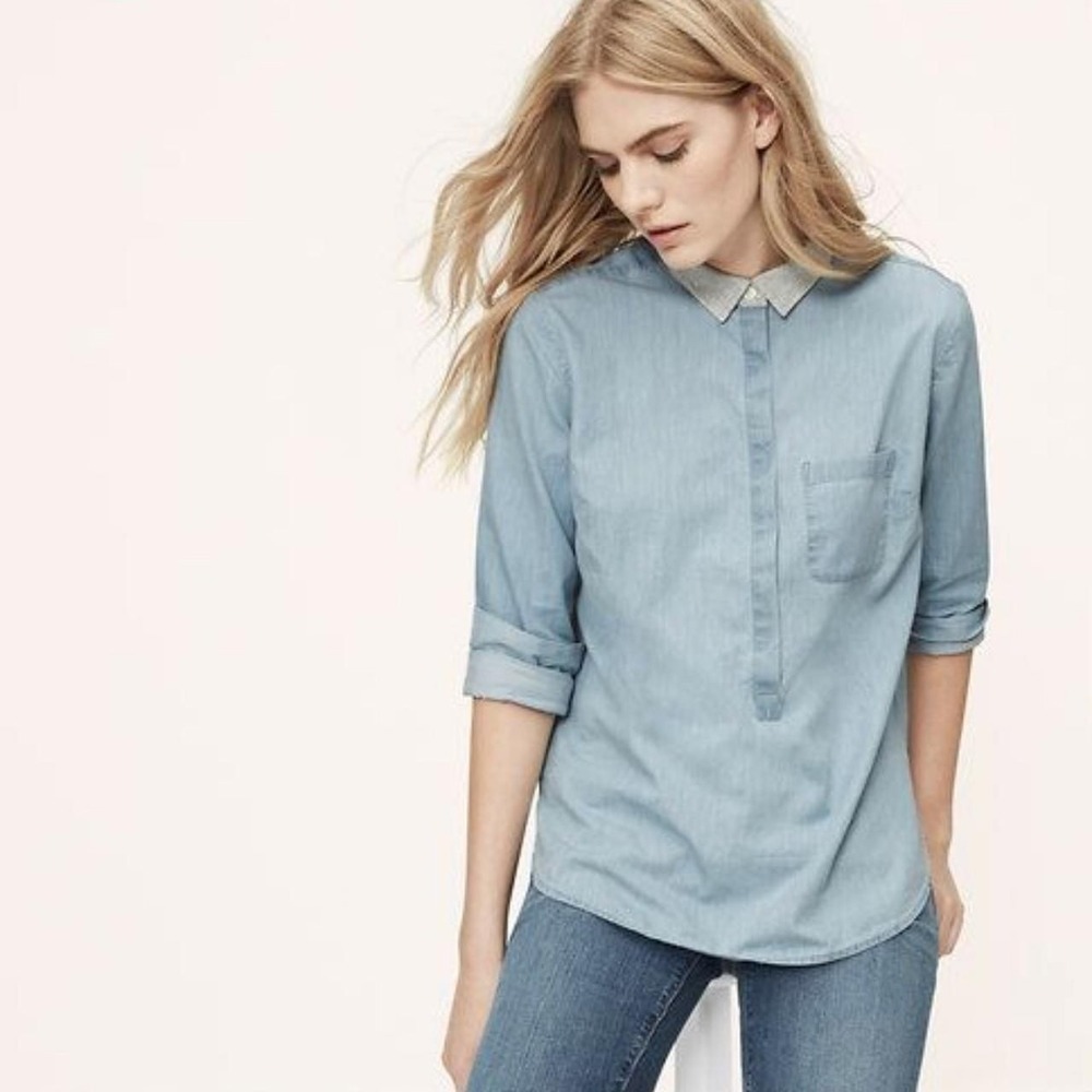 Ann Taylor‎ LOFT Softened Chambray Popover Top Collared Grey Trim - Size XS